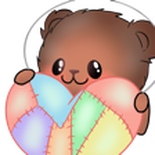 A picture of a brown bear in an astronaut bubble helmet, holding a patchwork heart and smiling!