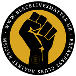 Picture of the Black Lives Matter UK Logo (a black fist with a yellow circle background, boardered by a black circle with the url 
